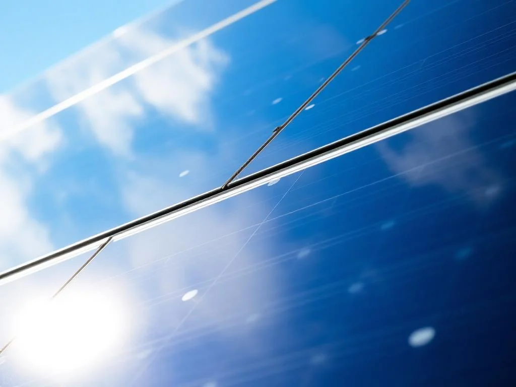 Painel solar limpo refletindo o céu azul após a limpeza