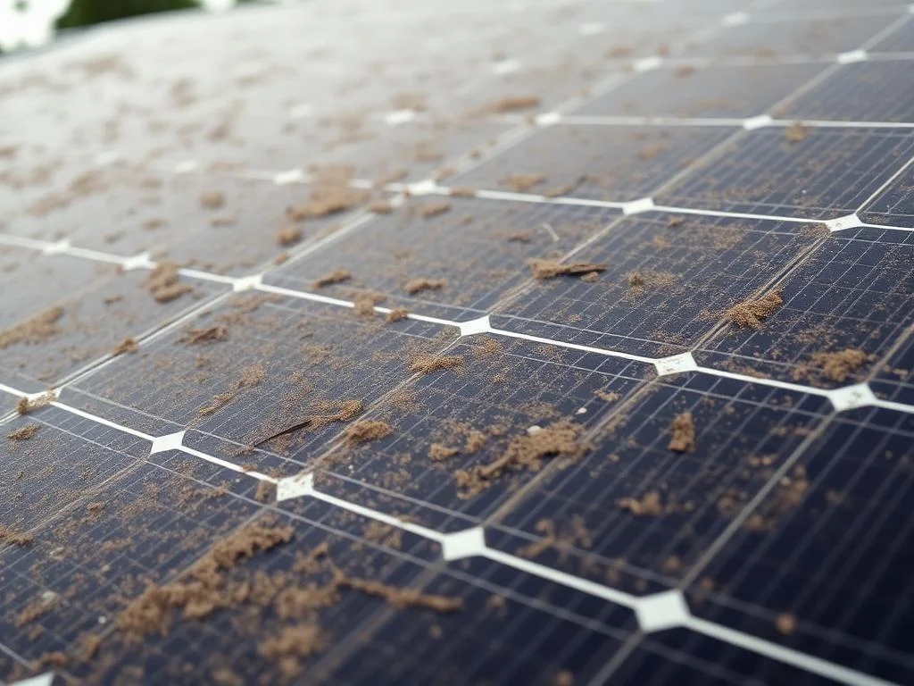 Painel solar sujo, coberto por poeira e resíduos
