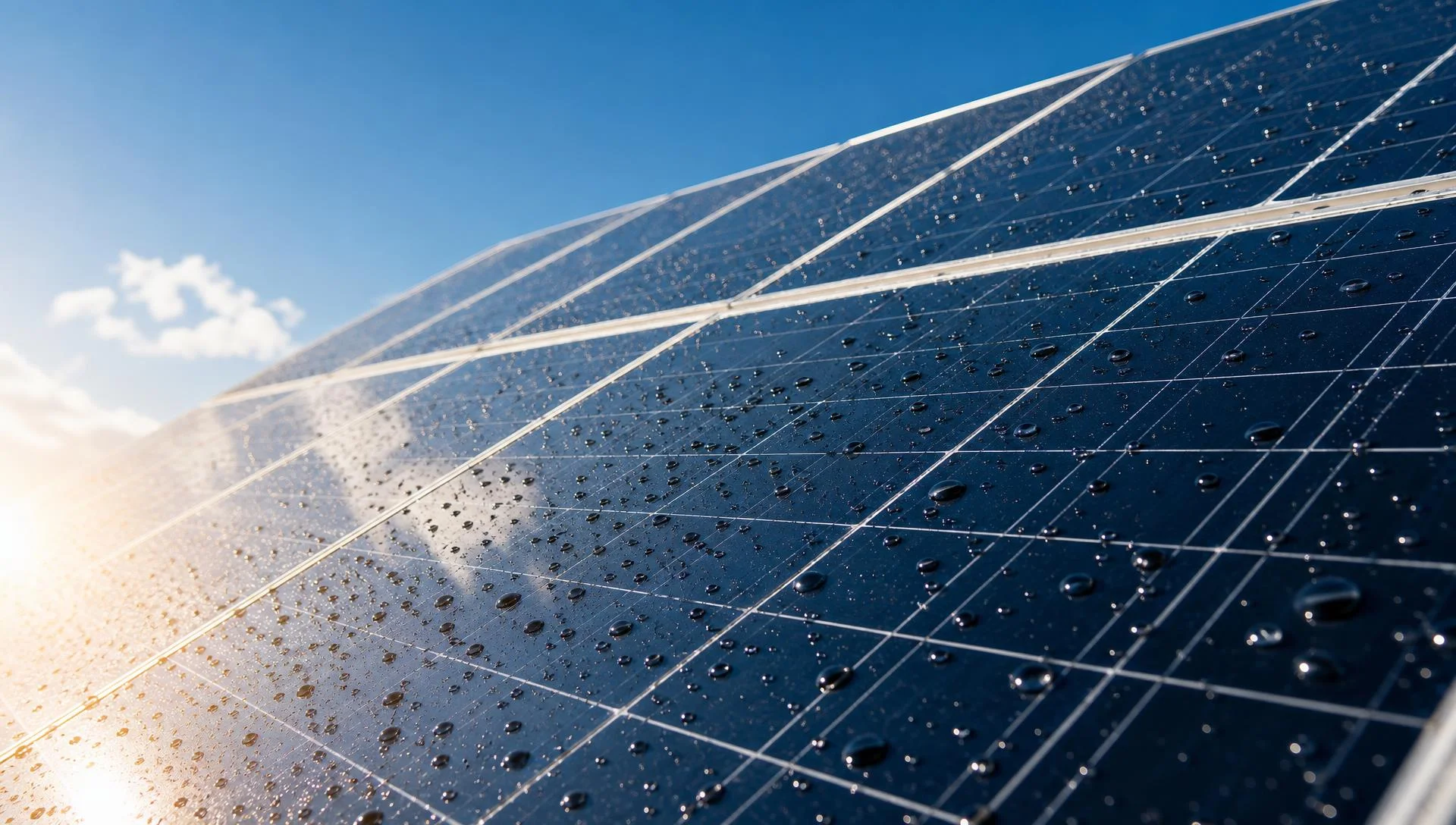 Painéis solares limpos e molhados após a limpeza profissional da Solare Clean